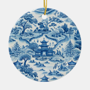 Blå och vit chinoiserie christmas julgransprydnad keramik