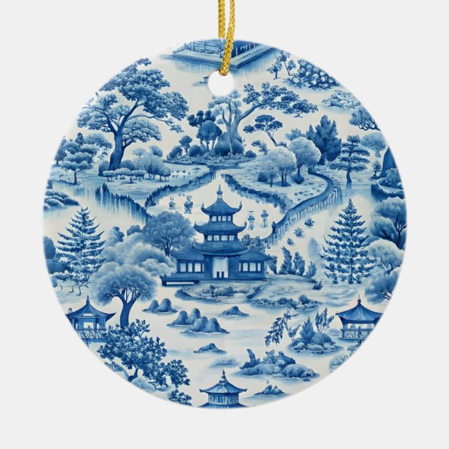 Blå och vit chinoiserie christmas julgransprydnad keramik (Framsidan)