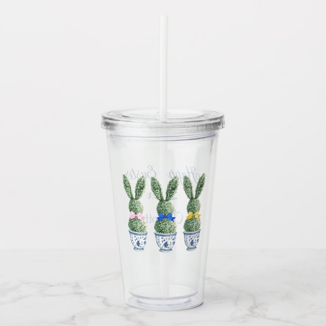 Blå och vit chinoiserie med kanin topiaryer take away mugg (Framsida)