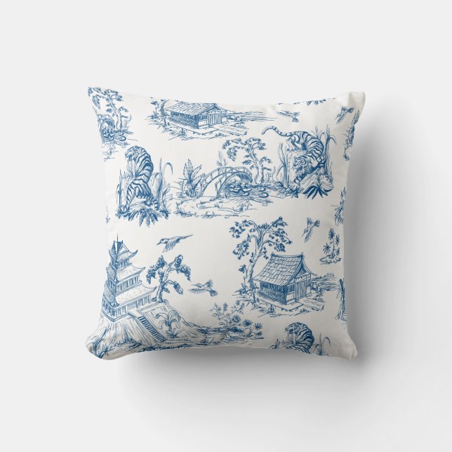 Blå och vit Chinoiserie Pillow Kudde (Framsida)