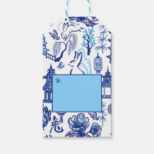 Blå och vit Chinoiserie Rabbit Gift-Märkre Presentetikett