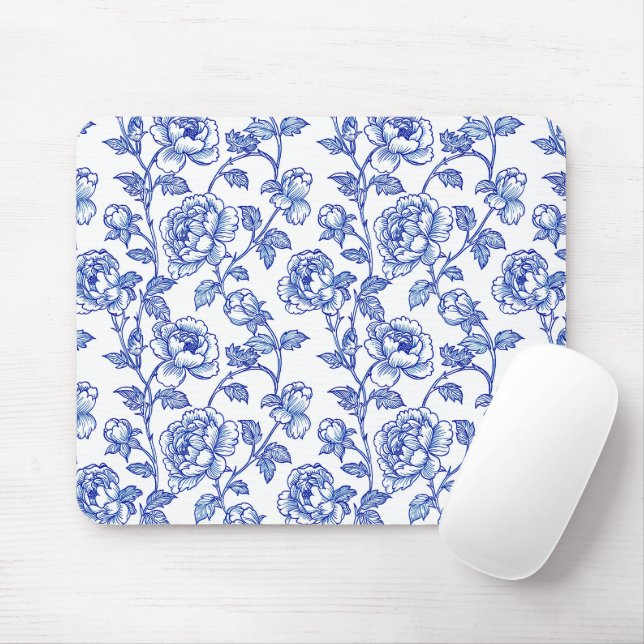 Blå och vit chinoiserie ros peony musmatta (Med mus)
