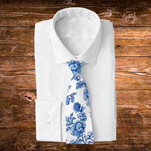 Blå och vit chinoiserie ros peony slips