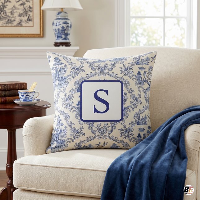 Blå och vit Chinoiserie Toile anpassad monogram Kudde (#homedecor)