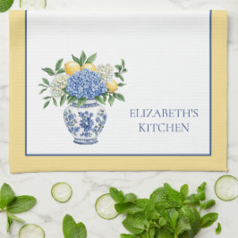 Blå och vit Chinoiserie Vas med Hydrangeas Kökshandduk