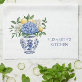 Blå och vit Chinoiserie Vas med Hydrangeas Kökshandduk