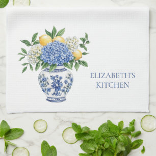 Blå och vit Chinoiserie Vas med Hydrangeas Kökshandduk