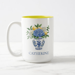 Blå och vit Chinoiserie Vas med Hydrangeas Två-Tonad Mugg