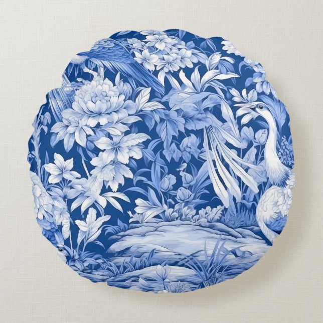 Blå och vit Chinoserie-serie design 8 Rund Kudde (Framsidan)