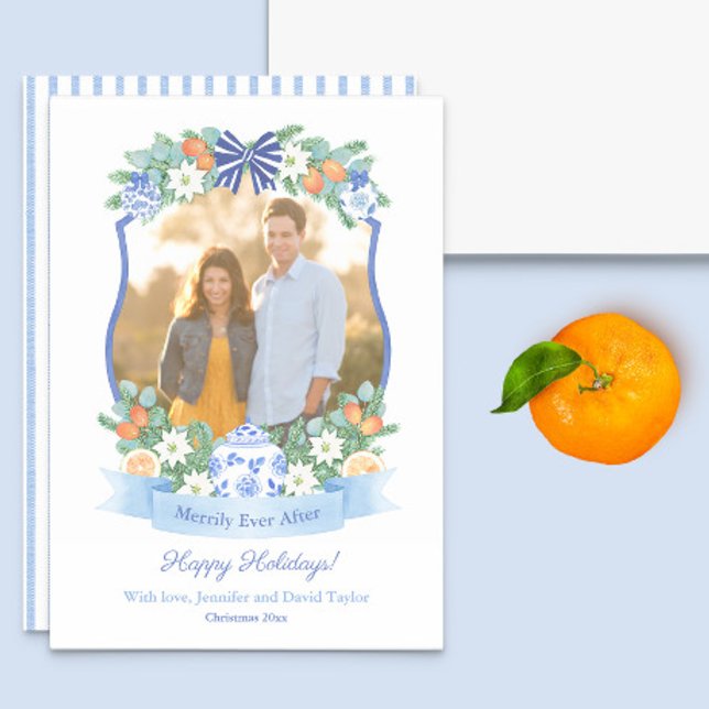 Blå och vit citrus vår första jul Bild Julkort (This Holidays photocard features a blue and white crest with watercolor greenery and citrus motifs)