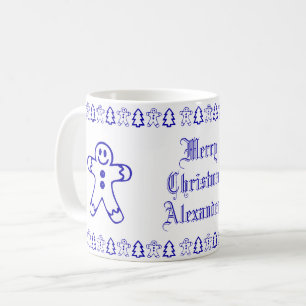 Blå och vit Cute Pepparkaksgubbe Julgran Kaffemugg