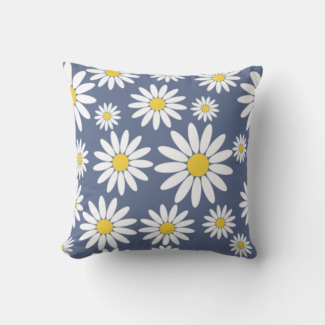 Blå och vit Daisy Kudde (Framsida)