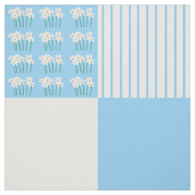Blå och vit daisy - vinklade fyrkanter tyg (Provkarta)