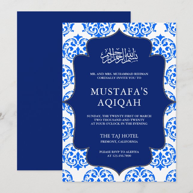 Blå och vit Damask Islamsk Aqiqah-ceremoni Inbjudningar (Fram/baksida)