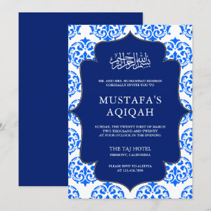 Blå och vit Damask Islamsk Aqiqah-ceremoni Inbjudningar