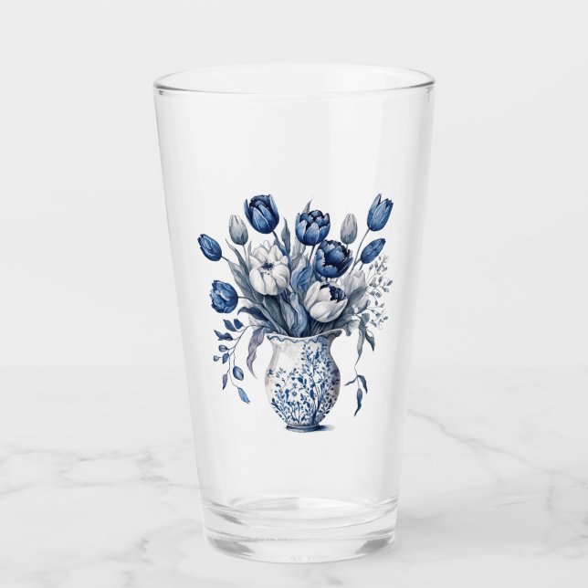 Blå och vit Delft stil tulip bouquet-design Glaskopp (Framsida)