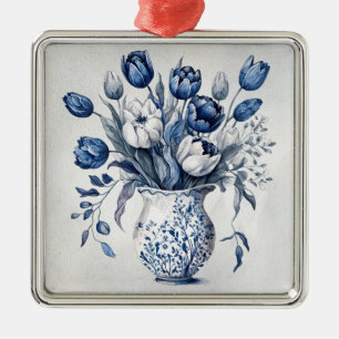 Blå och vit Delft stil tulip bouquet-design Julgransprydnad Metall