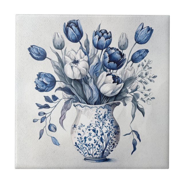 Blå och vit Delft stil tulip bouquet-design Kakelplatta (Framsidan)
