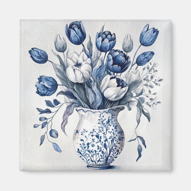 Blå och vit Delft stil tulip bouquet-design Magnet (Framsidan)