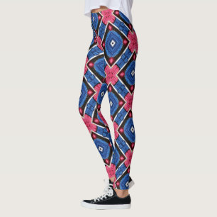Blå och vit diamant och röda cirklar leggings