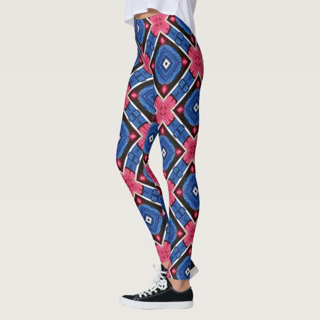 Blå och vit diamant och röda cirklar leggings (Vänster)