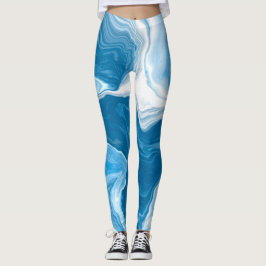 Blå och vit digital fluidkonsthmarmor leggings