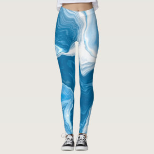 Blå och vit digital fluidkonsthmarmor leggings