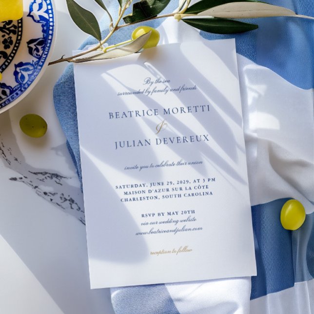 Blå och vit Elegant vid Medelhavets OSA Bröllop Inbjudningar (Blue & White Elegant Mediterranean RSVP Wedding Invitation)