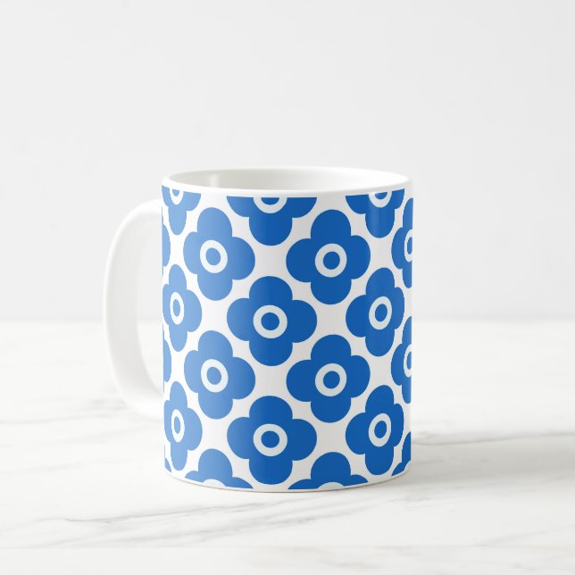 Blå och vit enkel blomster mönster retro blomster kaffemugg (Framsida vänster)