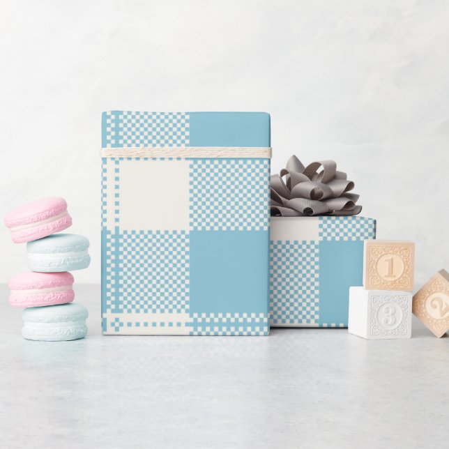 Blå och vit enkel illustrerad rutig mugg presentpapper (Baby Shower)