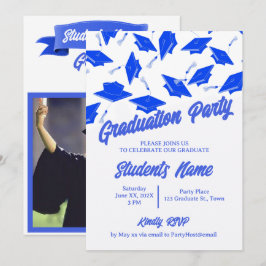 Blå och Vit Examen Banner Foto Gradtjej Party Inbjudningar