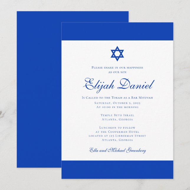 Blå och vit| Färger Israel Pub Mitzvah Inbjudningar (Fram/baksida)