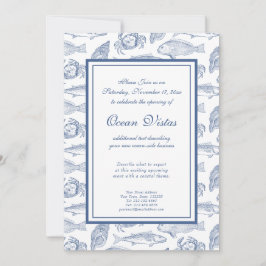 Blå och vit fisk och krabba Elegant kustevenemang Inbjudningar