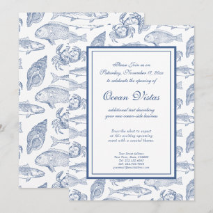 Blå och vit fisk och krabba Elegant kustevenemang Inbjudningar