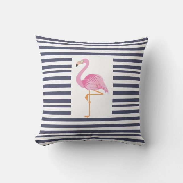 Blå och vit flamingokudde av rand kudde (Framsida)