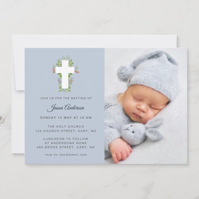 Blå och vit Floral Cross Photo Baptism Inbjudningar (Framsida)