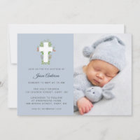 Blå och vit Floral Cross Photo Baptism