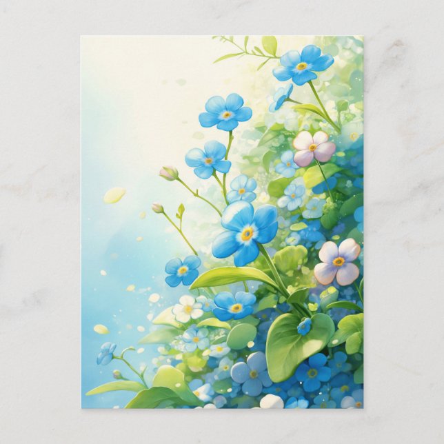 Blå och Vit Förgätmigej Blomsterträdgård Vykort (Framsida)