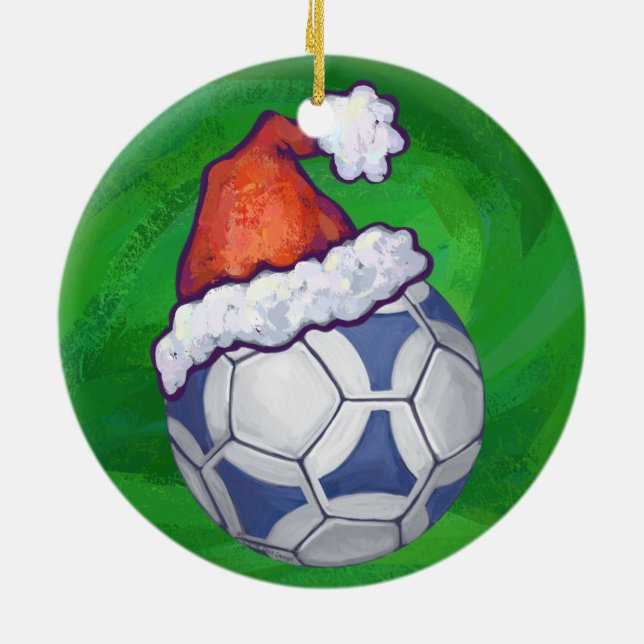 Blå och vit fotboll på Grönten Julgransprydnad Keramik (Baksidan)