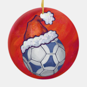 Blå och vit fotboll på Röd Julgransprydnad Keramik