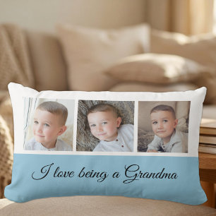 Blå och vit fotokollage åt farmor/mormor lumbarkudde