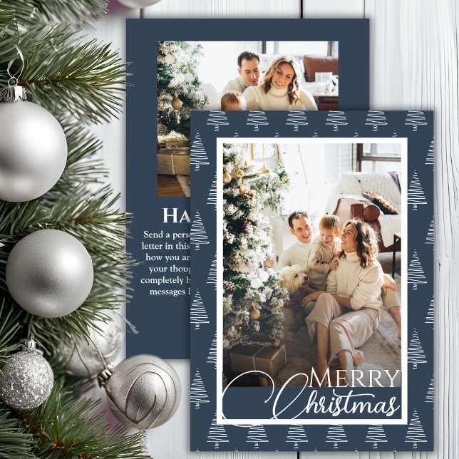 Blå och vit fotopat Julgran Mönster Julkort (Blue And White Christmas Tree Pattern Photo Holiday Card)