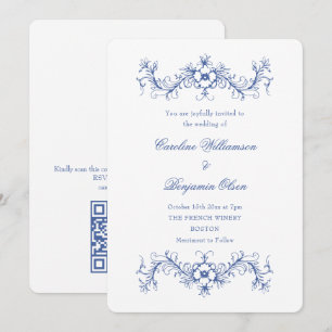 Blå och vit fransk blomster elegant bröllops QR Inbjudningar