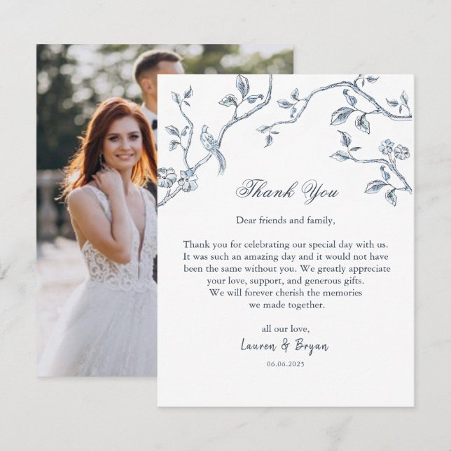 Blå och vit fransk Toile vigselbröllopsflat Tack Kort (Fram/baksida)
