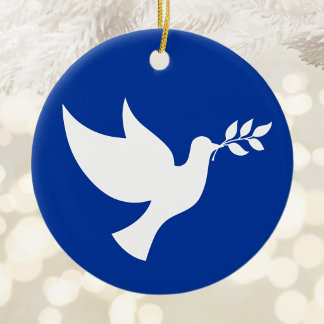 Blå och vit fredsduva julgransprydnad keramik