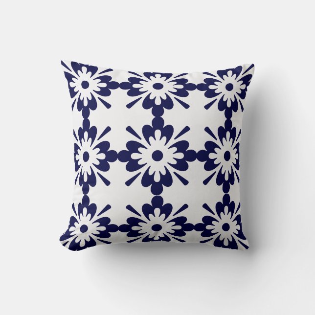 Blå och vit | Geometric Mönster | Hampton Stil Kudde (Framsida)