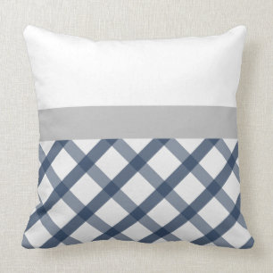 Blå och vit Gingham med lätt Grått-accent Kudde