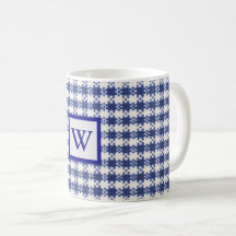 Blå och vit gingham, monogram, lantgård mugg