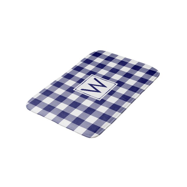 Blå och vit Gingham Mönster med Monogram Badrumsmatta (Vinklad)