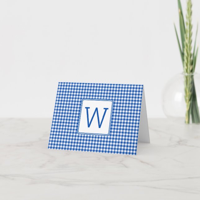 Blå och vit Gingham Plaid Monogram Anteckningskort (Framsida)